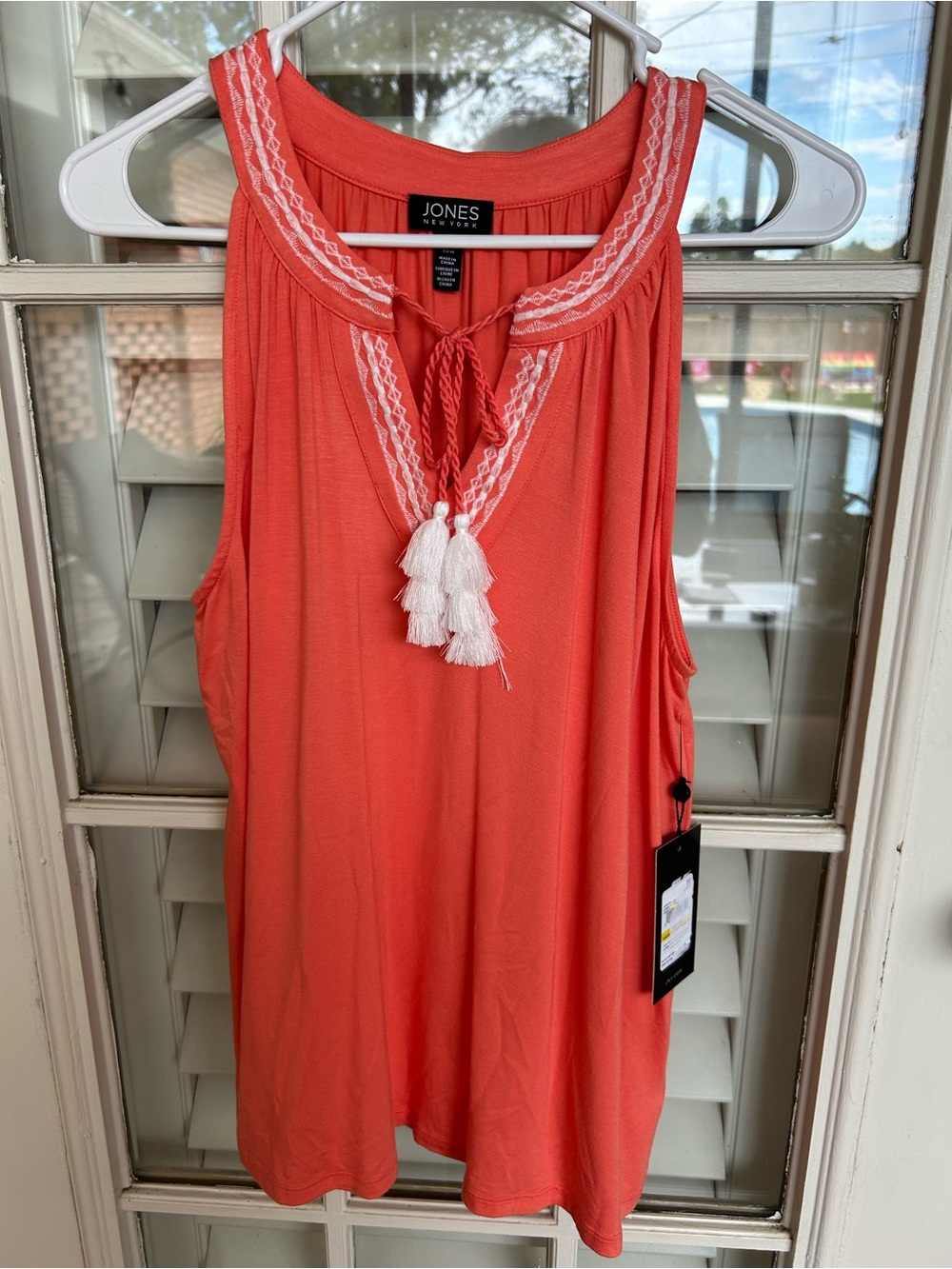 Jones New York Coral Embroidered Tunic Top with Braided Tie